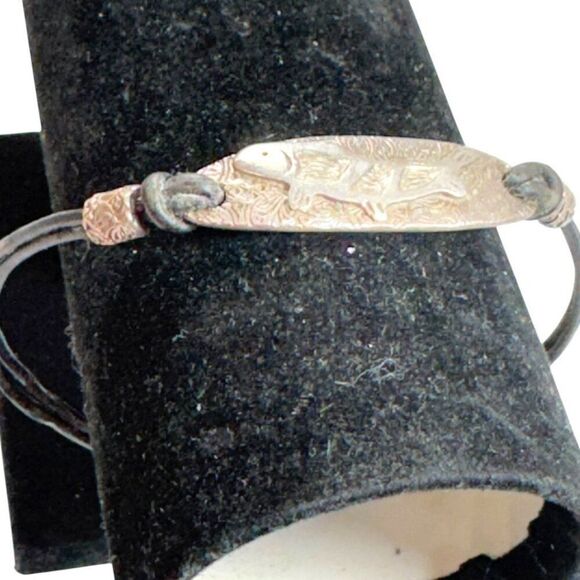 Handcrafted Cord Black Leather Bracelet Fish Design Sterling Silver Men Women - Picture 1 of 6